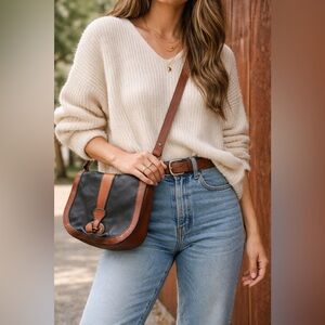 Fossil Leather Saddle Bag Crossbody Brown Black Vintage Boho Western Purse